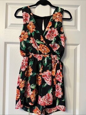 As U Wish Black Floral Wrap Romper with Pink & Orange Blooms